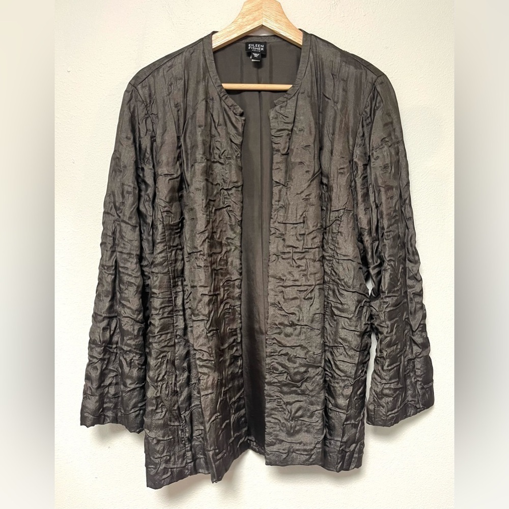 Eileen Fisher Silk Jacket Brown Mandarin Collar 
Size PL